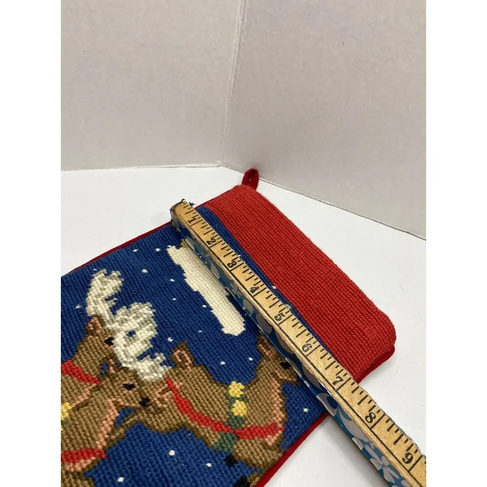 Vtg Stocking Santa Reindeer Needlework Pattern Velvety Back Christmas H9‎